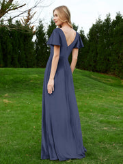 Flutter Sleeves V-Neck Velvet Dress With Slit Dark Navy Plus Size