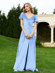 Flutter Sleeves V-Neck Velvet Dress With Slit Dusty Blue Plus Size