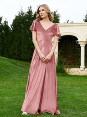 Flutter Sleeves V-Neck Velvet Dress With Slit Dusty Rose