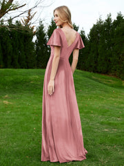 Flutter Sleeves V-Neck Velvet Dress With Slit Dusty Rose Plus Size