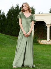 Flutter Sleeves V-Neck Velvet Dress With Slit Dusty Sage Plus Size