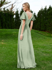Flutter Sleeves V-Neck Velvet Dress With Slit Dusty Sage
