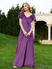 Flutter Sleeves V-Neck Velvet Dress With Slit Grape