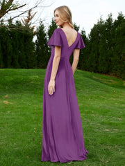 Flutter Sleeves V-Neck Velvet Dress With Slit Grape