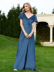Flutter Sleeves V-Neck Velvet Dress With Slit Ink Blue