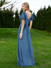 Flutter Sleeves V-Neck Velvet Dress With Slit Ink Blue