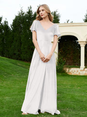 Flutter Sleeves V-Neck Velvet Dress With Slit Ivory
