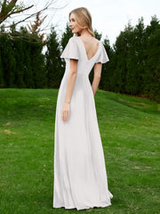 Flutter Sleeves V-Neck Velvet Dress With Slit Ivory
