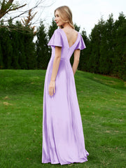 Flutter Sleeves V-Neck Velvet Dress With Slit Lilac