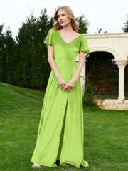 Flutter Sleeves V-Neck Velvet Dress With Slit Lime Green