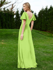 Flutter Sleeves V-Neck Velvet Dress With Slit Lime Green
