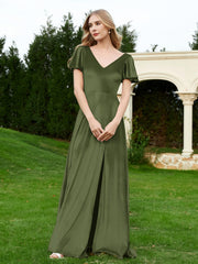 Flutter Sleeves V-Neck Velvet Dress With Slit Olive Green