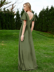 Flutter Sleeves V-Neck Velvet Dress With Slit Olive Green