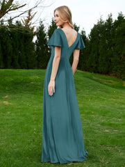Flutter Sleeves V-Neck Velvet Dress With Slit Peacock