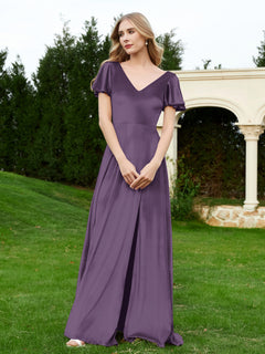 Flutter Sleeves V-Neck Velvet Dress With Slit Plum