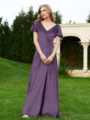 Flutter Sleeves V-Neck Velvet Dress With Slit Plum Plus Size