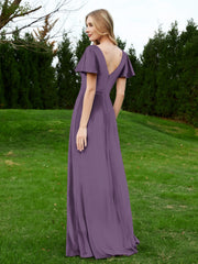 Flutter Sleeves V-Neck Velvet Dress With Slit Plum