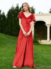 Flutter Sleeves V-Neck Velvet Dress With Slit Red