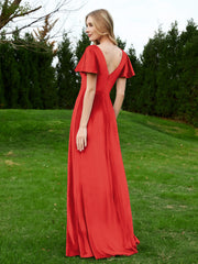 Flutter Sleeves V-Neck Velvet Dress With Slit Red