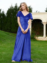 Flutter Sleeves V-Neck Velvet Dress With Slit Royal Blue