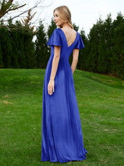 Flutter Sleeves V-Neck Velvet Dress With Slit Royal Blue