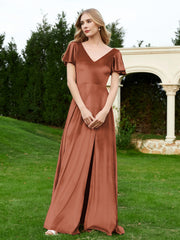 Flutter Sleeves V-Neck Velvet Dress With Slit Rust