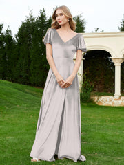 Flutter Sleeves V-Neck Velvet Dress With Slit Silver