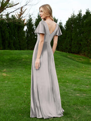 Flutter Sleeves V-Neck Velvet Dress With Slit Silver