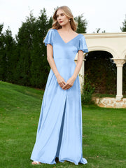 Flutter Sleeves V-Neck Velvet Dress With Slit Sky Blue Plus Size