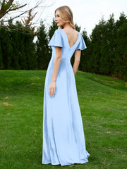 Flutter Sleeves V-Neck Velvet Dress With Slit Sky Blue