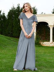 Flutter Sleeves V-Neck Velvet Dress With Slit Slate Blue Plus Size