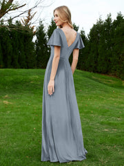 Flutter Sleeves V-Neck Velvet Dress With Slit Slate Blue