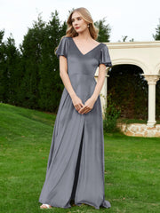 Flutter Sleeves V-Neck Velvet Dress With Slit Steel Grey