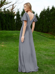 Flutter Sleeves V-Neck Velvet Dress With Slit Steel Grey