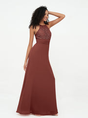 Illusion Neck Lace Top Long Chiffon Dresses Terracotta