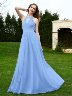 Sleeveless Halter Floor-length Lace Dress Blue