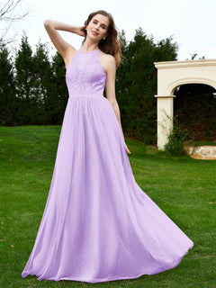 Sleeveless Halter Floor-length Lace Dress Lilac