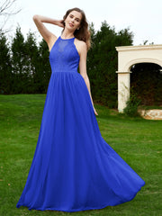 Sleeveless Halter Floor-length Lace Dress Royal Blue