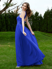 Sleeveless Halter Floor-length Lace Dress Royal Blue Plus Size