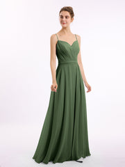 Full-length Spaghetti Straps Chiffon Gown Olive Green