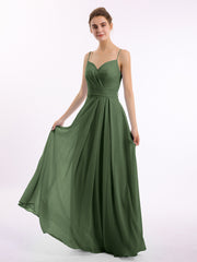 Full-length Spaghetti Straps Chiffon Gown Olive Green