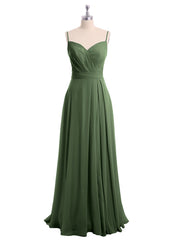 Full-length Spaghetti Straps Chiffon Gown Olive Green
