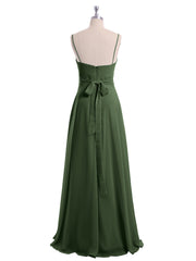 Full-length Spaghetti Straps Chiffon Gown Olive Green