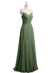 Full-length Spaghetti Straps Chiffon Gown Olive Green