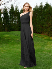 One Shoulder Sleeveless Lace Dress With Sash Black