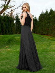 One Shoulder Sleeveless Lace Dress With Sash Black