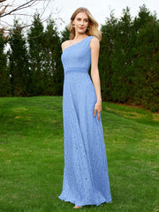 One Shoulder Sleeveless Lace Dress With Sash Blue