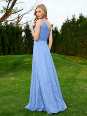 One Shoulder Sleeveless Lace Dress With Sash Blue