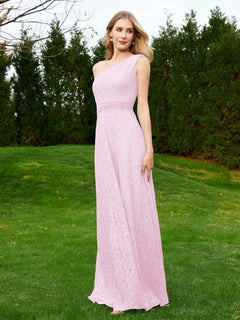 One Shoulder Sleeveless Lace Dress With Sash Blushing Pink