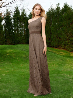 One Shoulder Sleeveless Lace Dress With Sash Brown